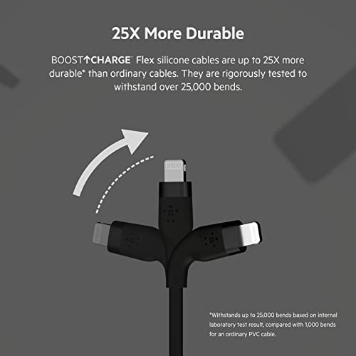 Гъвкав силиконов кабел Belkin BoostCharge USB Type A до Lightning (1 М / 3,3 фута), Сертифициран Пфи Кабел за зареждане на iPhone 13, 12, 11, Pro Max, Mini, SE, iPad и други устройства, 2, черен