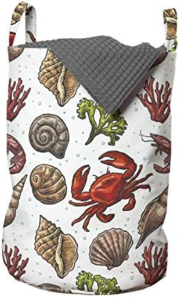 Чанта за дрехи Ambesonne Sea Shells, С Морски елементи във формата на Скариди, Раци и Корали, Ретро Годишният Дизайн, Кошница за дрехи с дръжки, Закрывающаяся на шнур, за пране, 13 x 19, Многоцветен