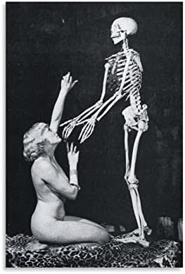 Гола жена стои на колене пред виртуален скелет Чудовище, на Стената-Черно-бели Плакати на Хелоуин, на Стари Фотографии, Живопис върху Платно, монтиран на стената Ху?