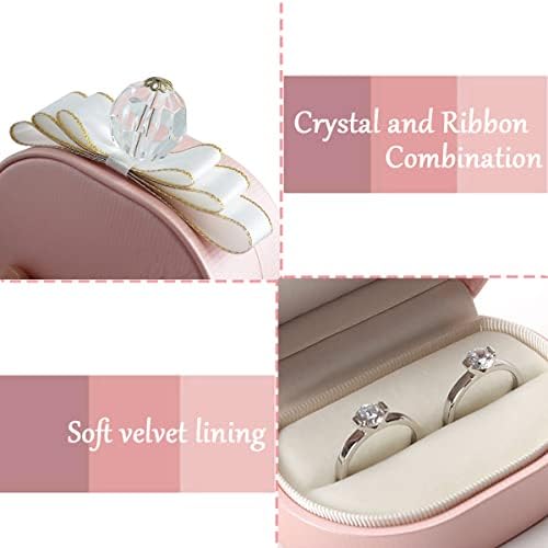 Кадифе малка кутийка за пръстени с лък Trendlooks - Премиум Калъф-витрина с двоен о-пръстен за предложения за брак, Годеж, Сватба, Церемония, за Съхранение на Бижута, пода?