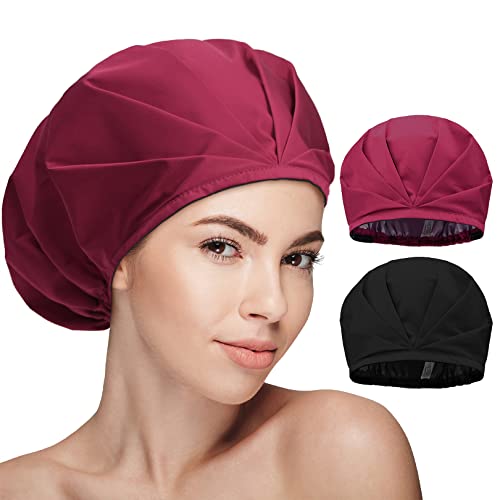 Множество Водоустойчив шапка за душ YoulerTex: 2 опаковки, Двупластова Регулируема Шапка за Душ за жени, Шапка за баня с къса Гъста коса с ластик Среден (Розово-червен, черен)