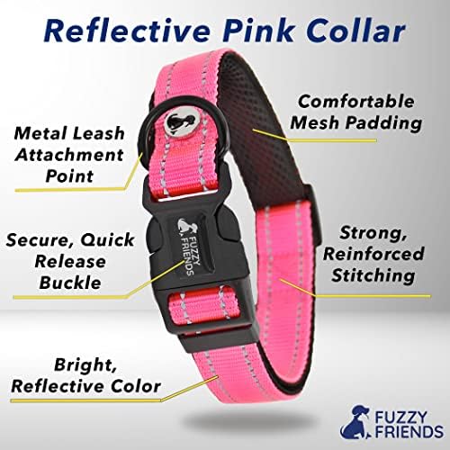 Отразяваща розов нашийник за кучета Fuzzy Friends: Мрежа лигавицата и отразяваща цвят / графа правят този нашийник безопасен, мек, здрав, е подходящ както за жени, така и за мъжките и греди.