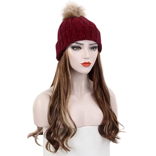 YFQHDD, модни европейската и американската дамска шапка за коса, червена вязаная шапка, перука, дълга къдрава кафява перука и шапка