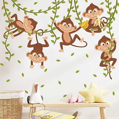 COVPAW Стикери За стена Начало Декор 5 Маймуни Играят В Горското Дърво Детска Детска Детска Стая Декор Етикети
