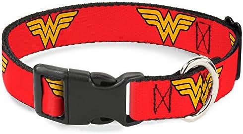 Найлонова скоба за Кучешки Яка с катарама и Логото на Wonder Woman Червен Цвят с Ширина от 9 до 15 инча 1,0 инч