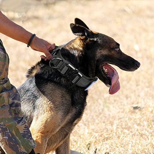 Тактически Нашийник за кучета със средни размери, Черно Армейски Дебел нашийник за кучета с регулираща се дръжка, Сверхпрочная Метален Обтегач, Отразяваща Яка K9 с 2 Ивици на американското САЩ