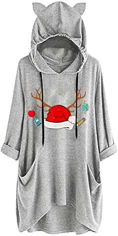 Блузи за жени, сладък Коледен шапка графичен oversize пуловер с качулка hoody с дълъг ръкав котка ухото джобовете на върховете