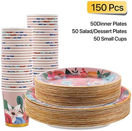 Комплект за еднократна употреба хартиени чинии и чаши от 150 теми, розово Цвете модел в стил на градината на Моне със златен печат, набор на аксесоари за сватби и партита. Включва 50 места за хранене чинии, 50 Десертни