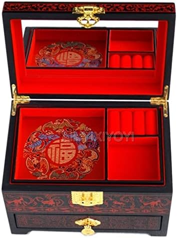 JJRY Китайската 3-слойная Дървена Ковчег за съхранение на бижута с Дракон Фениксом, с огледало, сватбени декорации с влязат с украшения-гривни (Цвят: A Размер W/C/както е показано на фигура