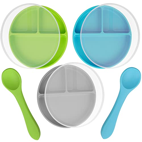 Детски Изсмукване на чинии KingKam с капаци - Разделени чинии за деца от хранително силикон с лъжици - Комплект за самостоятелно хранене - Могат да се мият в съдомиялна машина и микровълнова фурна