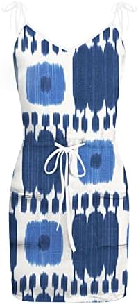 Женствена рокля-риза iQKA с принтом тай-боя, къси плажни мини-рокля без ръкави, V-образно деколте, сарафан с еластична талия и джоб, Vestidos
