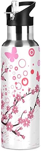 АЛАЗА Японската Разцвет Череша с Розова Пеперуда Бутилка за Вода със Сламен Капак Термос От Неръждаема Стомана с Вакуумна Изолация Бутилка За Вода 32 грама