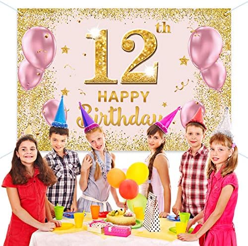 PAKBOOM С 12-ти Рожден Ден на Фона на Банер - 12 Предмети за Украса на парти по случай рождения Ден за Момичетата - Златисто-Розово 3,9 x 5,9 метра