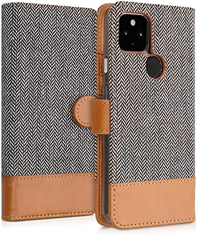 чанта-портфейл kwmobile, съвместим с Google Pixel 5a 5G - Калъф от плат или изкуствена кожа с панти капак за телефон - Светло сиво / кафяв