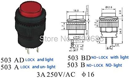 503AD с лампа самостоятелно блокиране на ключ ключ ключ /кръг 16 мм 3A / 250 В червено