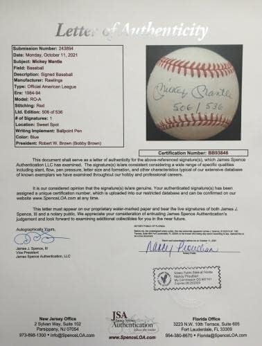 Мики Мэнтл 506/536 С Автограф в Американската лига бейзбол, JSA LOA - Бейзболни топки с автографи