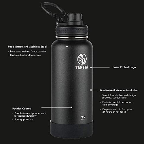 Случайна Бутилка за вода Takeya Actives от Неръждаема стомана с Изолиран капак за чучур, 40 грама, Капачка за чучур бутилки Onyx & Originals, Черна
