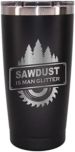 Чаши с вакуумна изолация MugHeads Sawdust is Man Glitter 20 грама с Прахово покритие и магнитна капака-Слайдер - Подарък за Деревообработчика - Подаръци за мъже дограма - Подаръци за гараж за мъже (Черен)