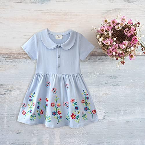 KAGAYD/Рокля за новородени момичета, Джинсовое Принцеса рокля с флорални принтом и къс ръкав за малки Момичета, Елегантна рокля за чай за момичета (синьо небе, 7 години)